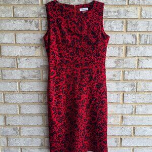 Calvin Klein Sleeveless Red/Black Floral Starburst Waist Sheath Dress Size 6